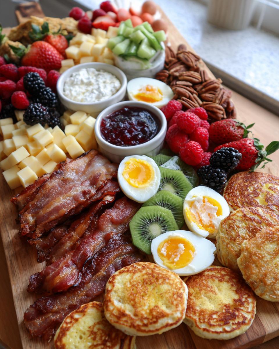 A beautifully arranged breakfast grazing board featuring bacon, mini pancakes, soft-boiled eggs, cheese cubes, berries, and nuts.
