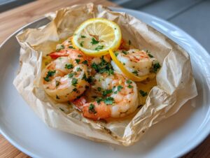 Cooked shrimp scampi en papillote served in its opened parchment paper pouch, garnished with lemon slices and parsley.