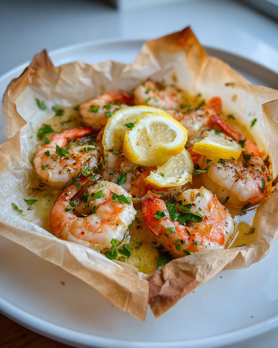 Cooked shrimp scampi en papillote served in its opened parchment paper pouch, garnished with lemon slices and parsley.