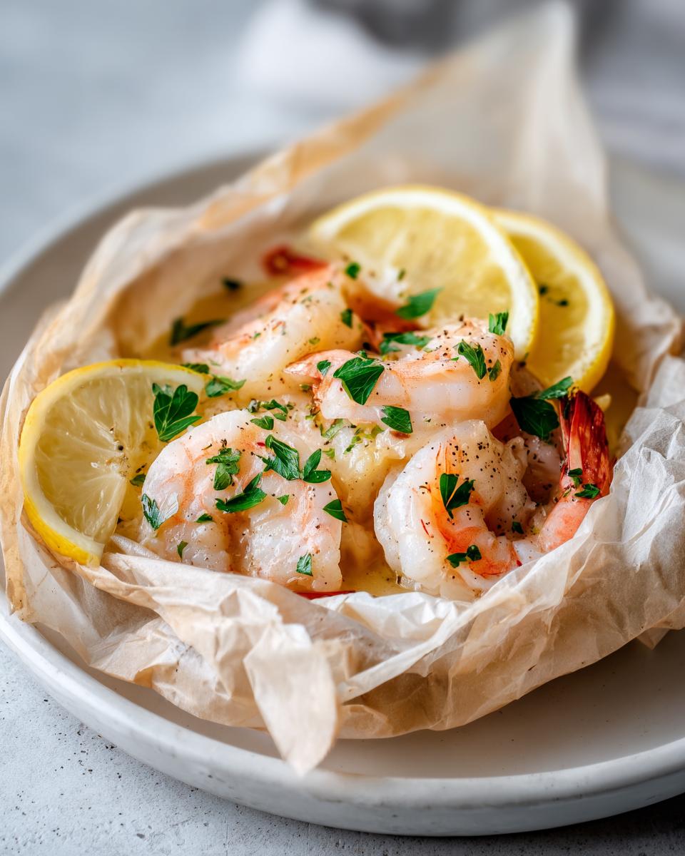 Close-up of juicy Shrimp scampi en papillote served in parchment paper with lemon slices and fresh parsley.