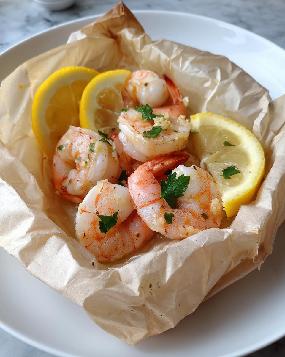 Close-up of cooked shrimp scampi en papillote served in parchment paper with lemon slices and parsley garnish.
