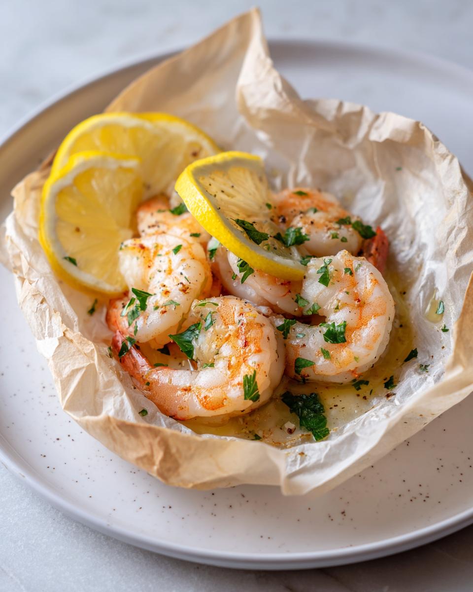 Close-up of cooked shrimp scampi en papillote, garnished with lemon slices and fresh parsley, sitting in parchment paper.