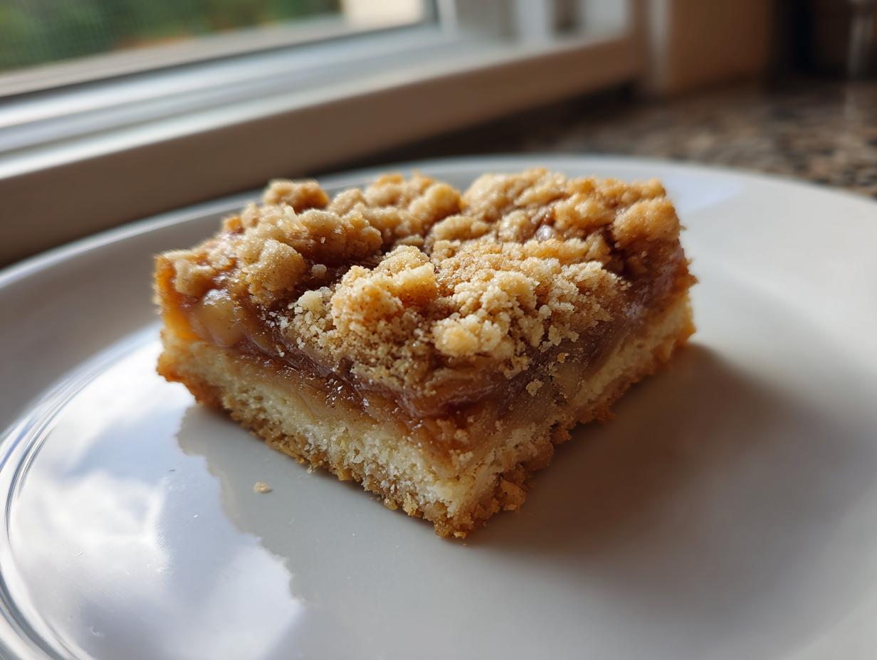 A single, square serving of delicious apple pie bars featuring a buttery crust, gooey apple filling, and a thick crumble topping.