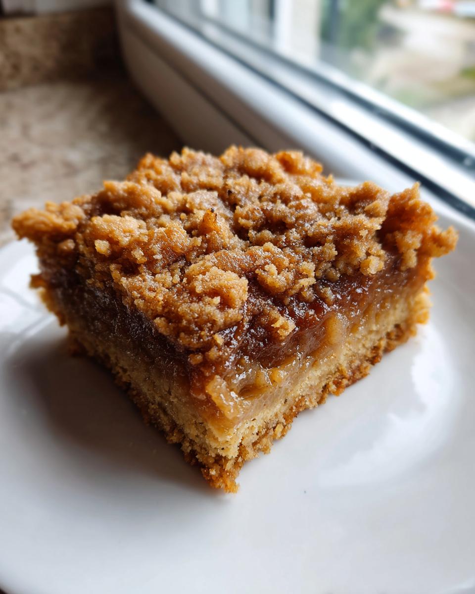 A close-up of a single square of baked apple pie bars with a crumbly topping on a white plate.