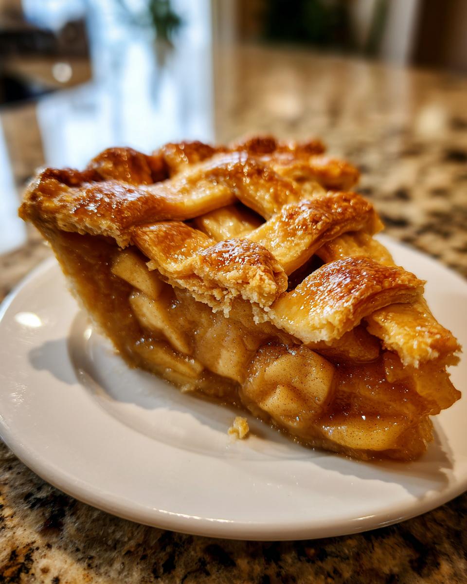Close-up of a perfect slice of Lattice apple pie showing the flaky, glazed top crust and rich apple filling.