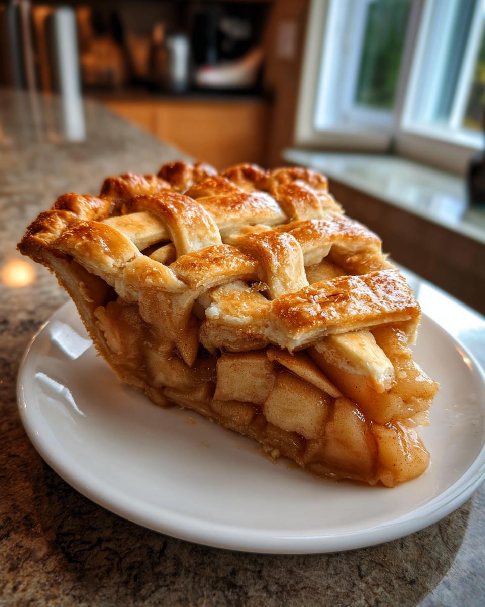 A generous slice of Lattice apple pie showing thick, caramelized apple filling and a perfectly baked, golden lattice crust.