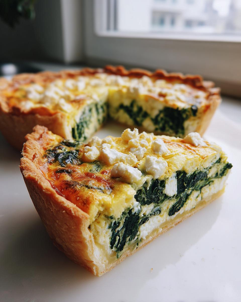 A close-up of a thick slice of spinach quiche showing the golden crust, rich egg filling, and crumbled feta cheese on top of the spinach quiche.