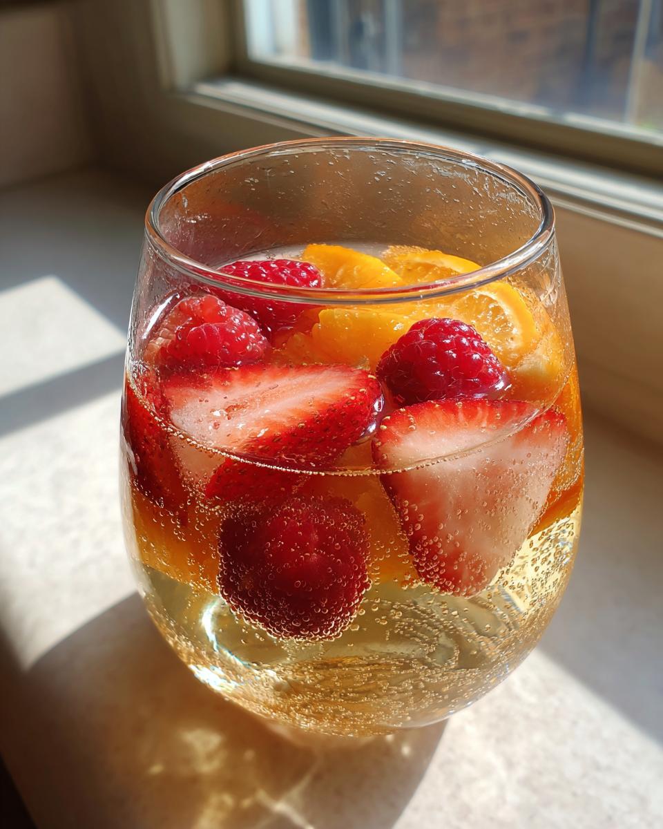 Close-up of a glass filled with sparkling Moscato Sangria, loaded with sliced strawberries, raspberries, and orange pieces.