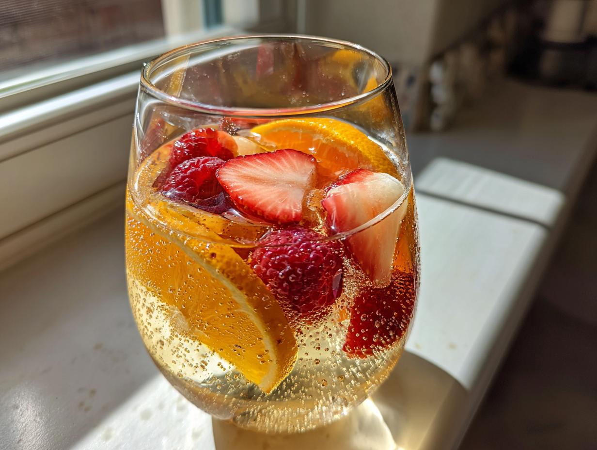 A glass filled with sparkling Moscato Sangria, loaded with fresh strawberries, raspberries, and orange slices, sitting in bright sunlight.