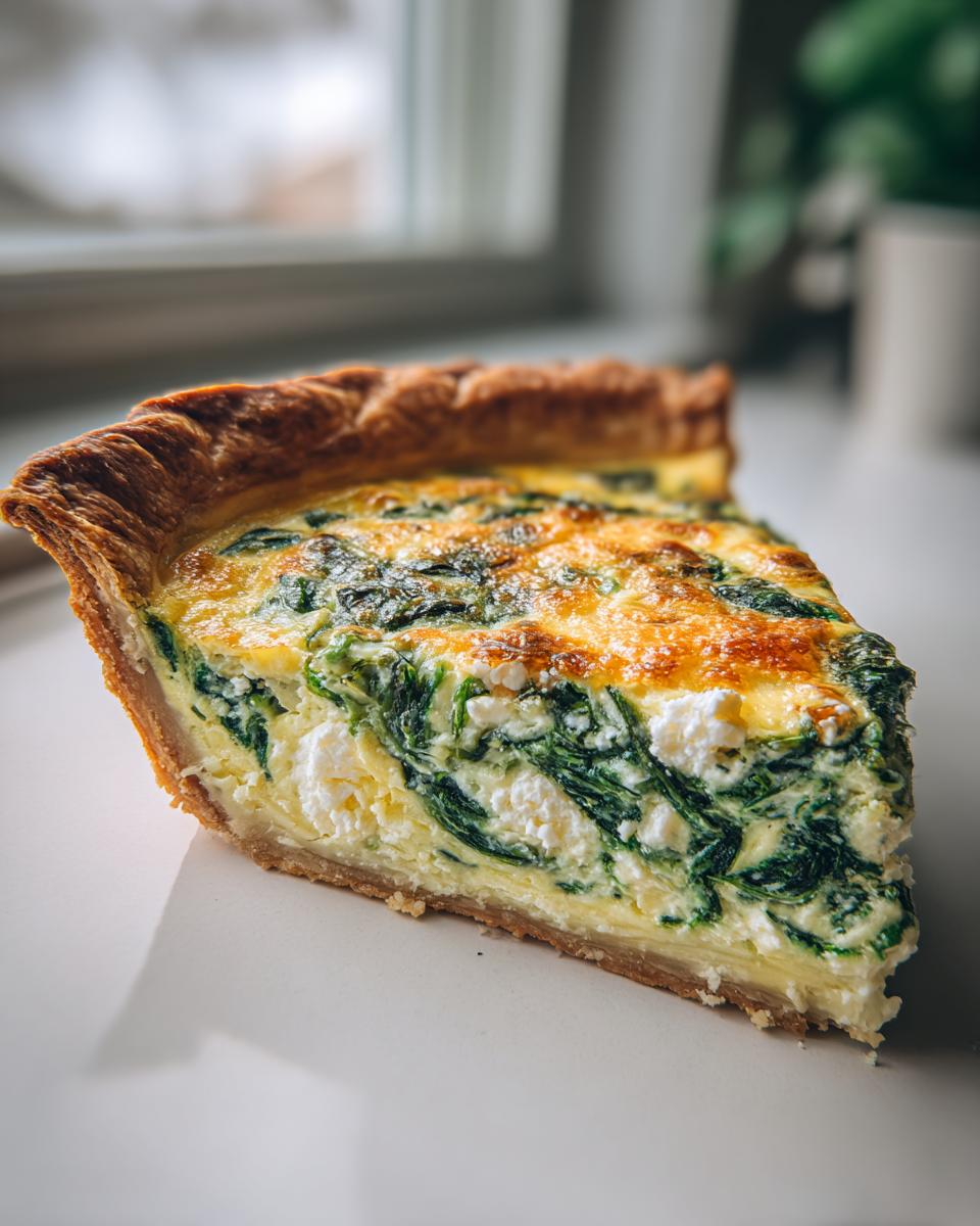 A close-up of a thick slice of spinach quiche showing flaky crust and creamy filling with visible spinach and cheese.