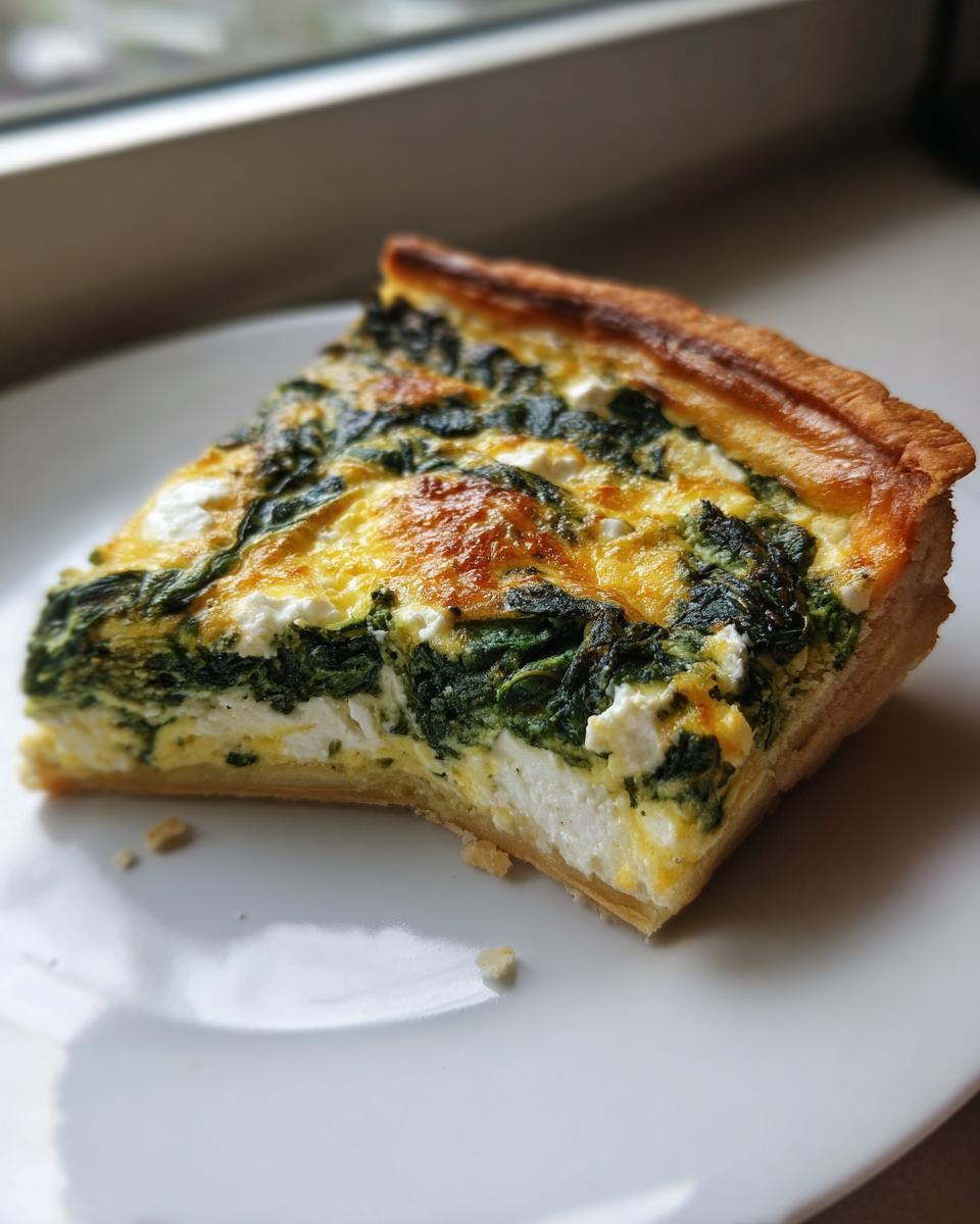 A close-up slice of amazing spinach quiche with visible layers of green spinach and white cheese filling on a white plate.