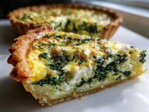 Close-up of a slice of spinach quiche showing flaky crust, creamy egg filling, spinach, and feta cheese topping.