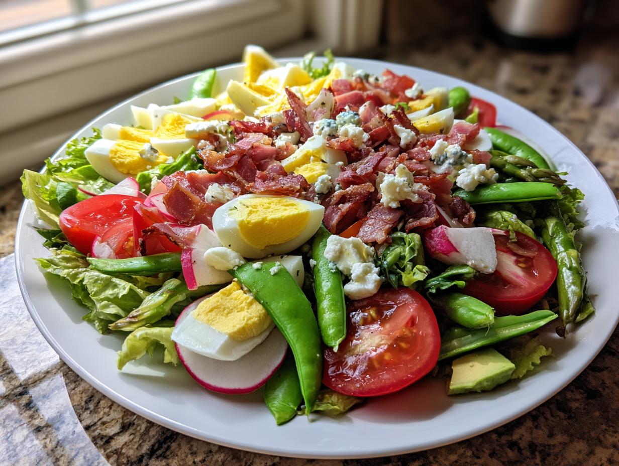 A colorful Spring Cobb salad featuring lettuce, sliced hard-boiled eggs, bacon, tomatoes, radishes, and snap peas.