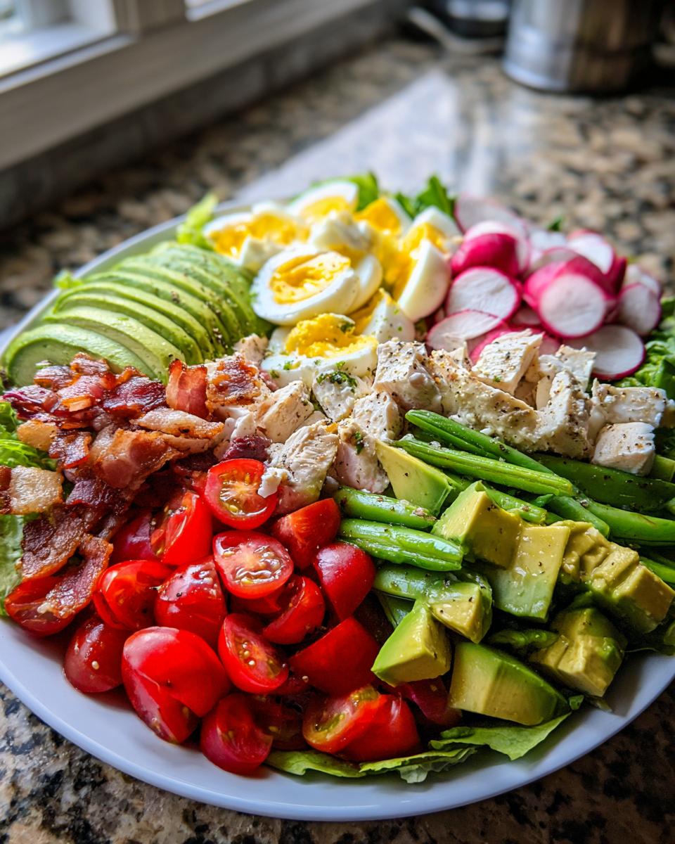 A vibrant Spring Cobb salad arranged beautifully on a white plate, featuring chicken, bacon, avocado, eggs, tomatoes, and radishes.