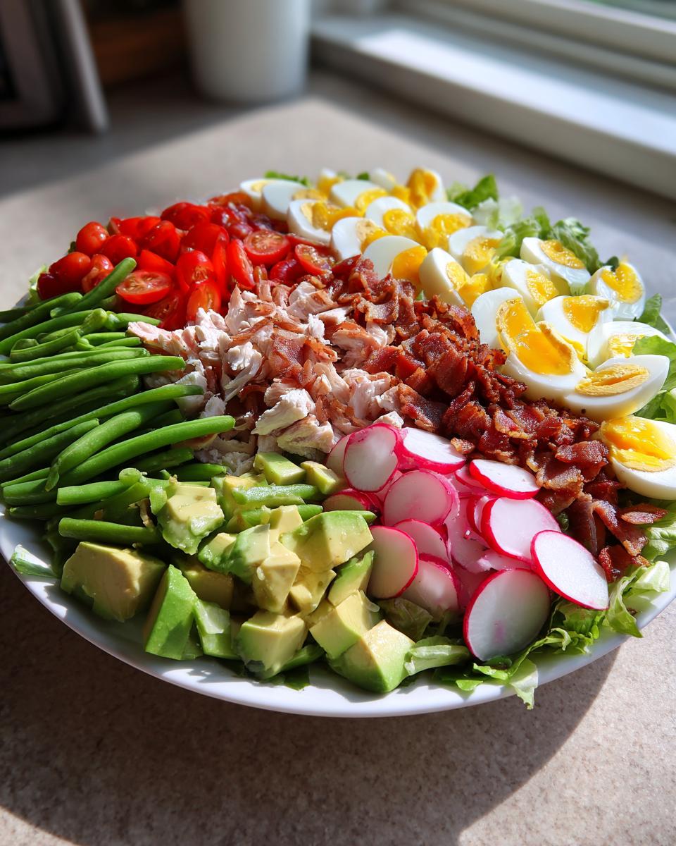 A beautifully arranged platter showcasing all the colorful ingredients for a Spring Cobb salad, including avocado, eggs, bacon, and green beans.