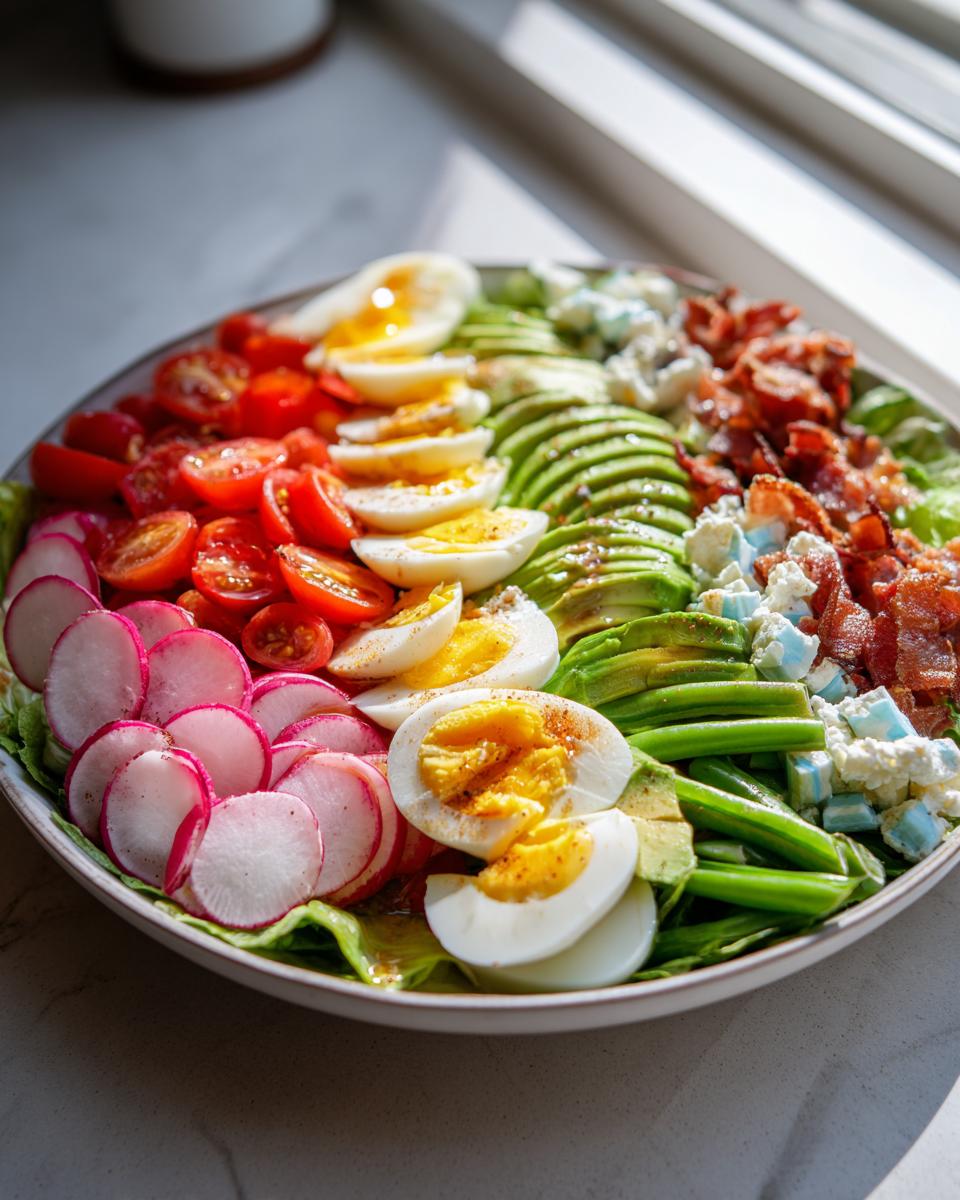 A beautifully arranged Spring Cobb salad featuring rows of sliced radishes, tomatoes, hard-boiled eggs, avocado, green beans, bacon, and blue cheese.