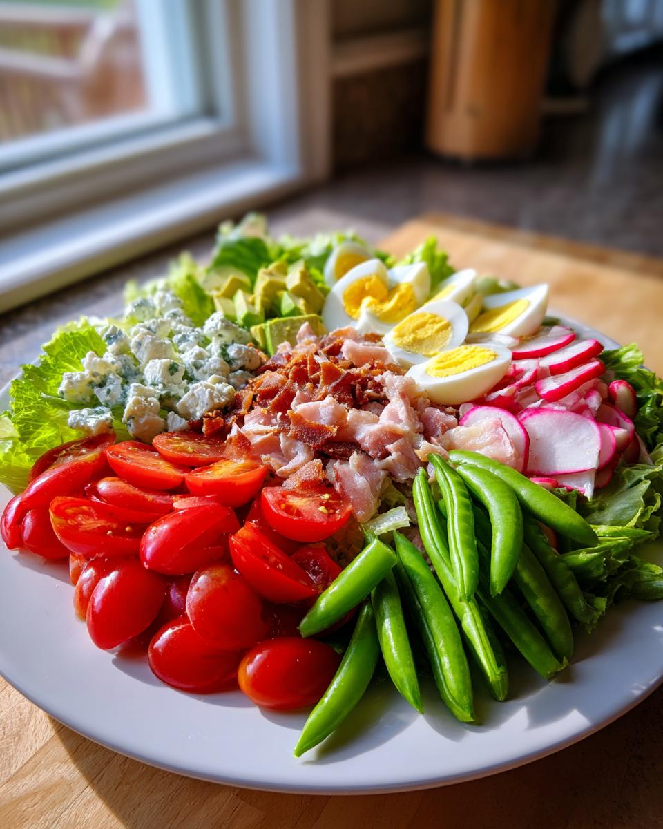 A beautiful Spring Cobb salad featuring rows of cherry tomatoes, bacon, hard-boiled eggs, snap peas, and blue cheese on lettuce.