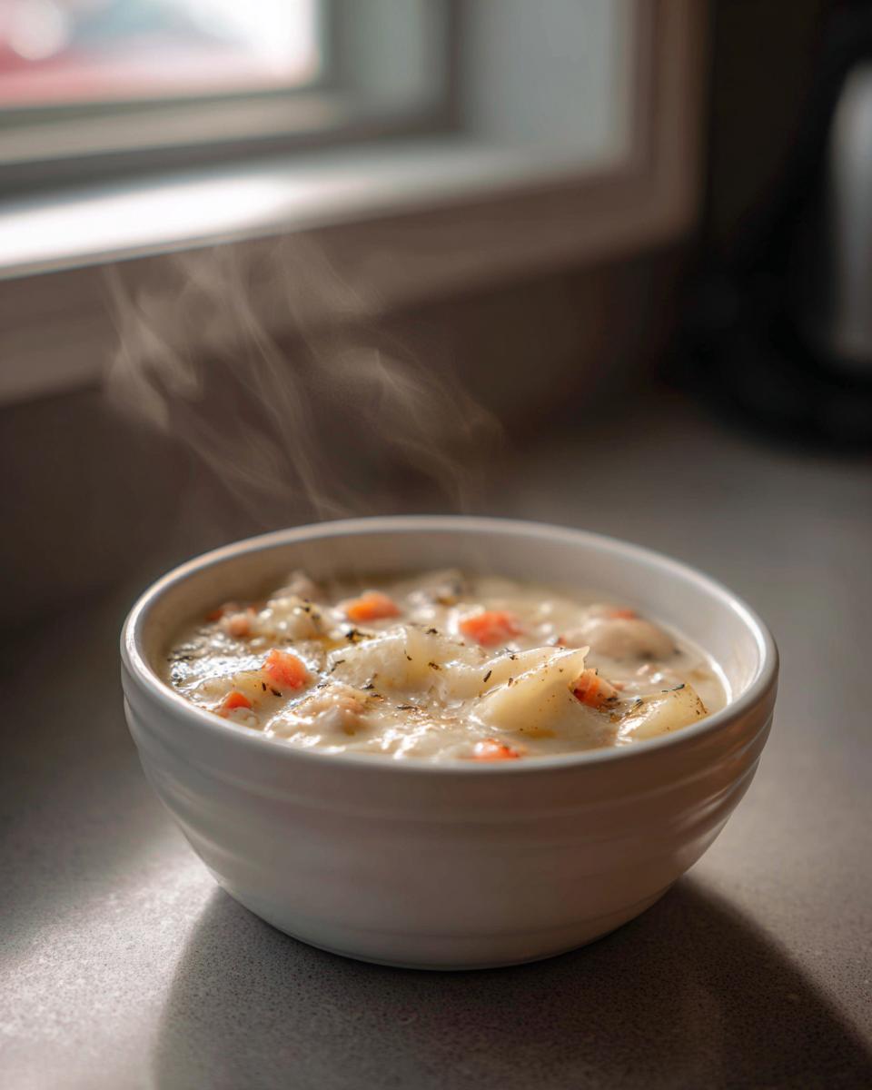 A white bowl filled with hot, steaming clam chowder containing potatoes and carrots, sitting on a kitchen counter.