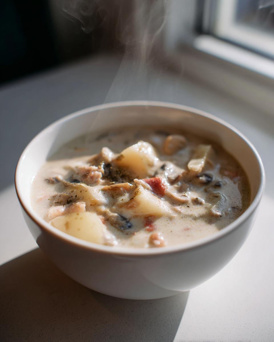 A close-up of a steaming white bowl filled with creamy clam chowder, showing potatoes and herbs.
