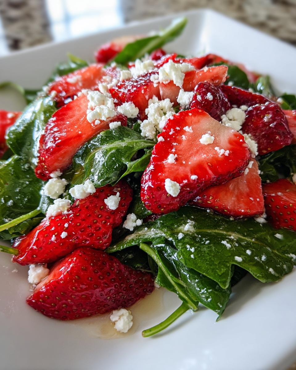 Close-up of a vibrant Strawberry arugula salad featuring sliced strawberries, dark green arugula leaves, and crumbled white feta cheese.