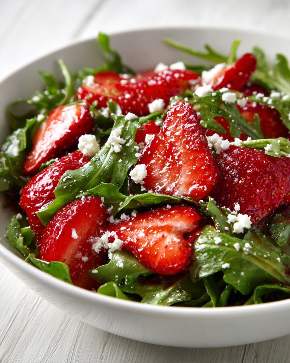 Close-up of a vibrant Strawberry arugula salad featuring sliced strawberries, dark green arugula leaves, and crumbled white feta cheese.