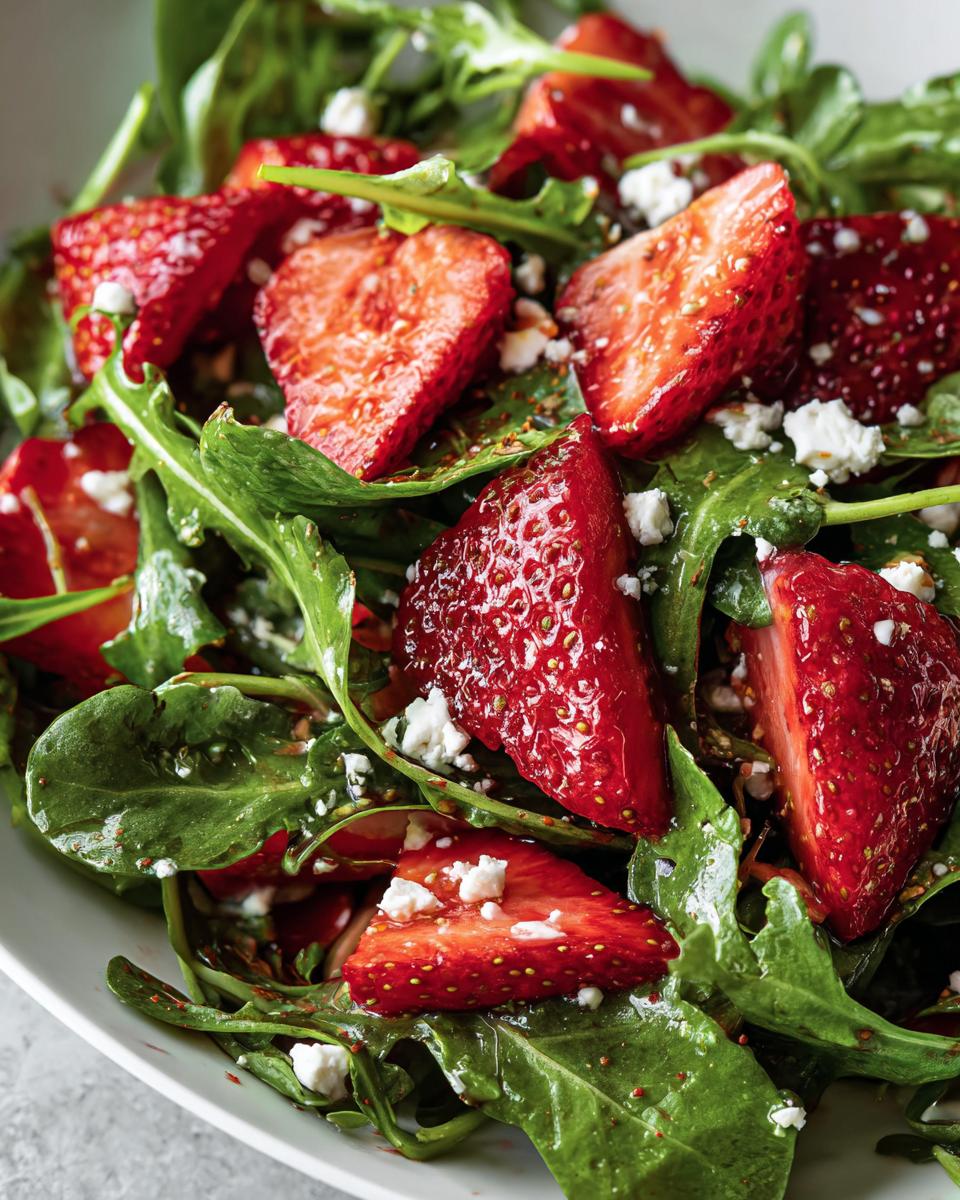 Close-up of a vibrant Strawberry arugula salad featuring sliced strawberries, dark green arugula leaves, and crumbled white cheese.