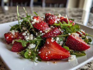 Vibrant close-up of a fresh strawberry arugula salad topped with crumbled feta cheese and vinaigrette.