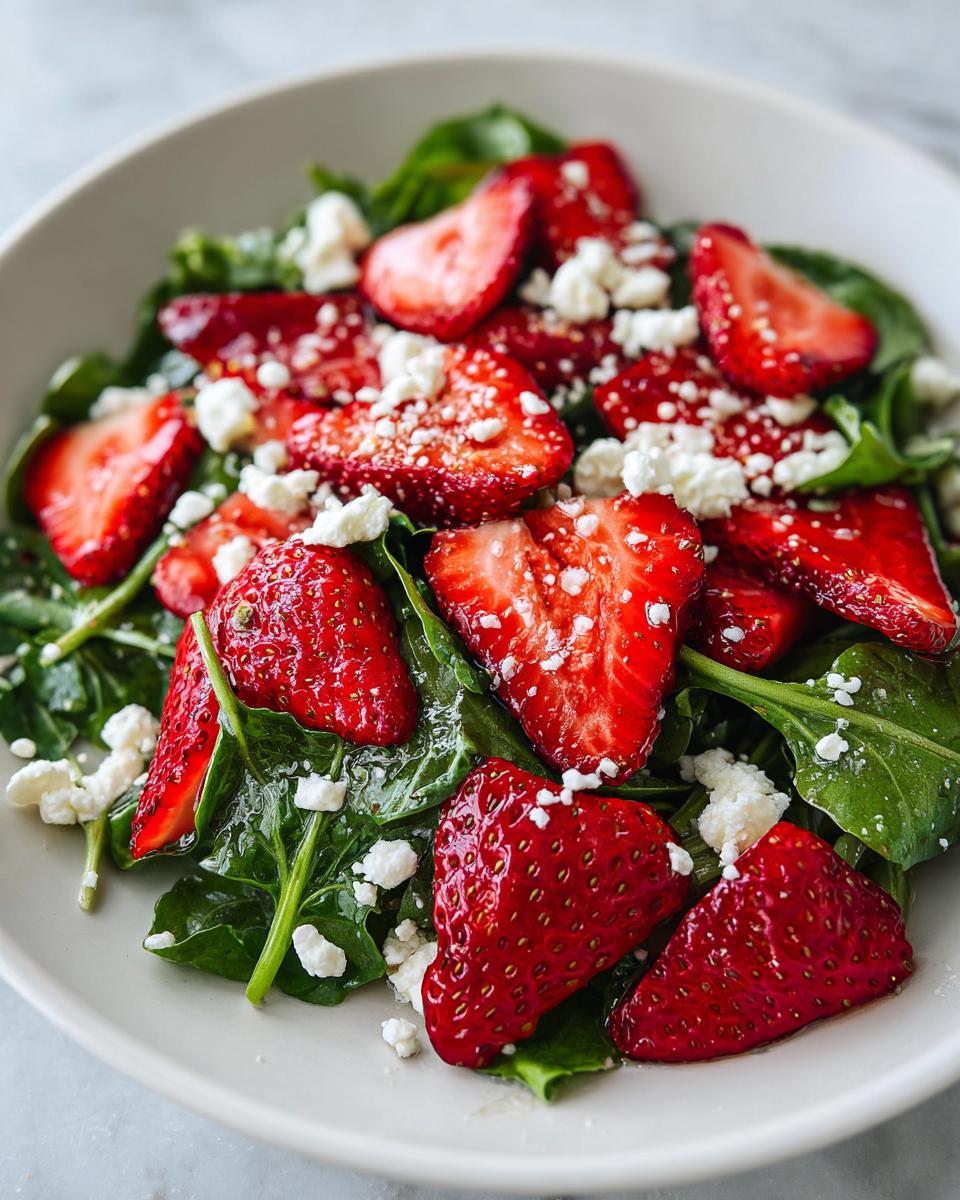 Close-up of a vibrant Strawberry arugula salad featuring sliced fresh strawberries and crumbled white feta cheese.