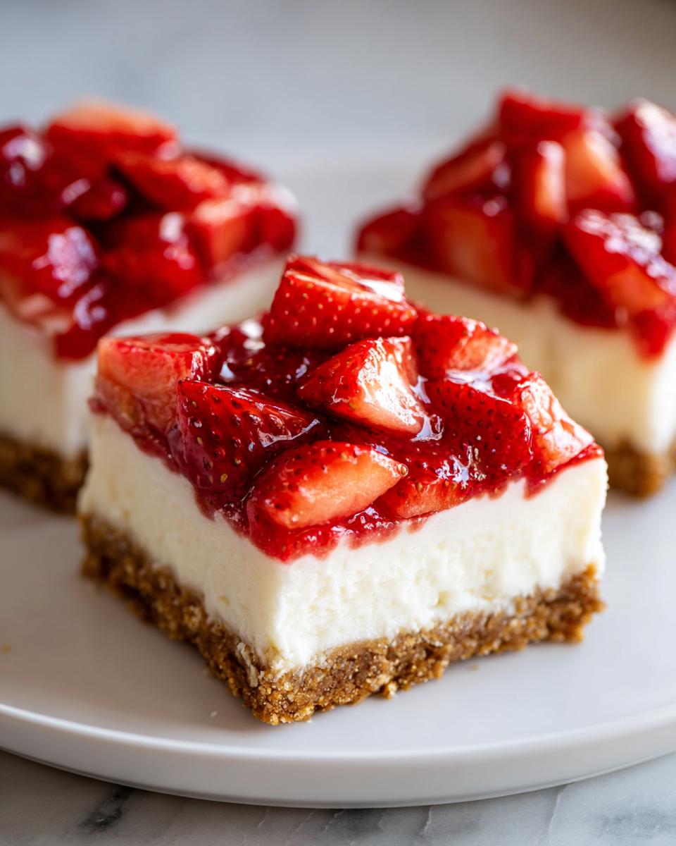 Close-up of a thick slice of strawberry cheesecake bars featuring a graham cracker crust and generous strawberry topping.