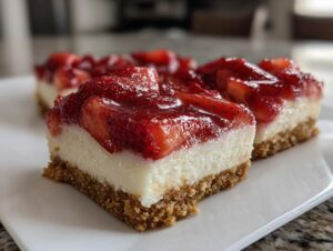 Three delicious Strawberry cheesecake bars featuring a thick graham cracker crust, creamy filling, and glossy strawberry topping.