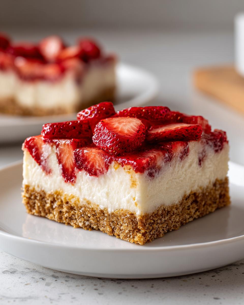 A single serving of rich Strawberry cheesecake bars featuring a thick graham cracker crust and fresh strawberry topping.