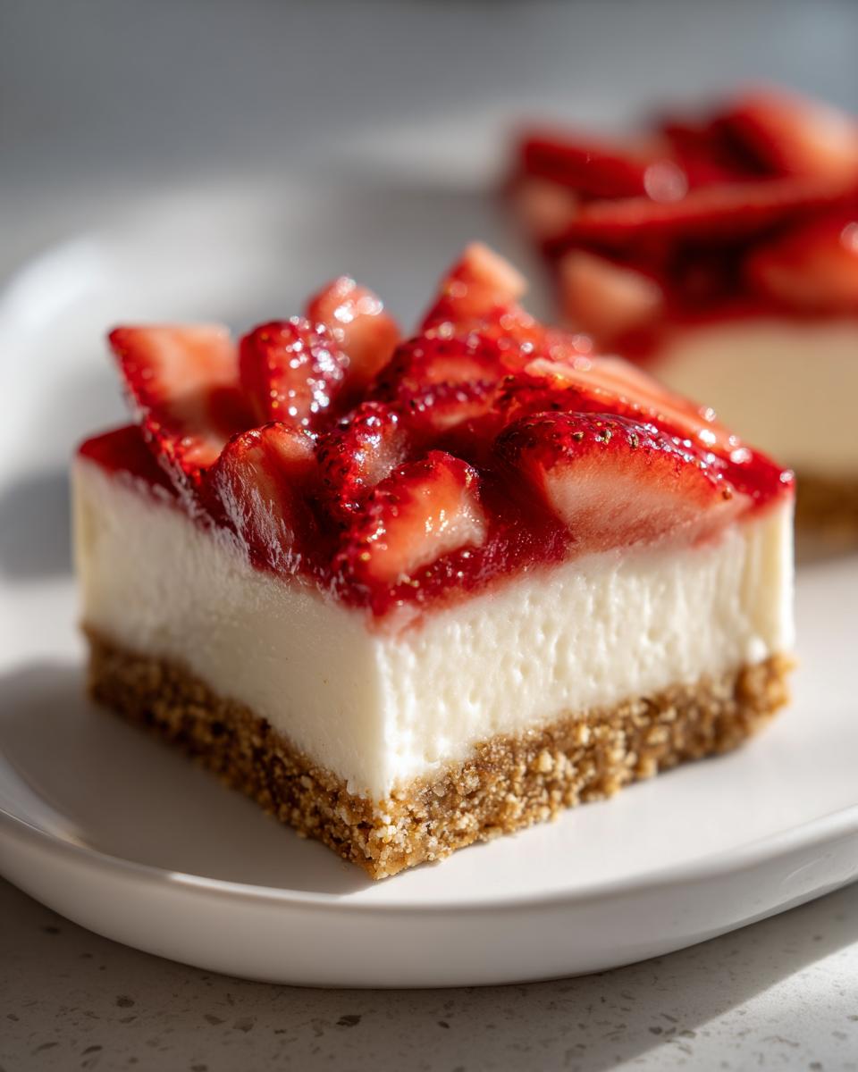 A perfect square slice of Strawberry cheesecake bars with a thick graham cracker crust and fresh strawberry topping.