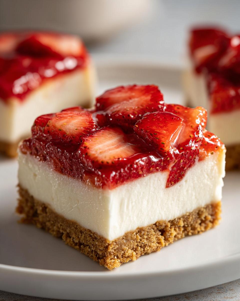 A thick square of strawberry cheesecake bars featuring a graham cracker crust, creamy filling, and glossy sliced strawberries on top.